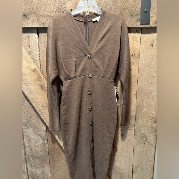 HYFVE Brown Long Sleeve sweater faux Button-Up Dress - Picture 1 of 6
